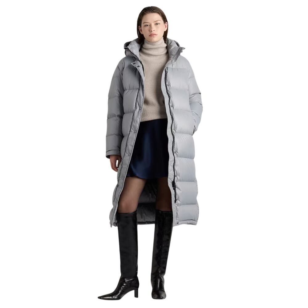 New Quince Women's L Responsible Down Long Puffer Jacket Feather Gray Retro NWT